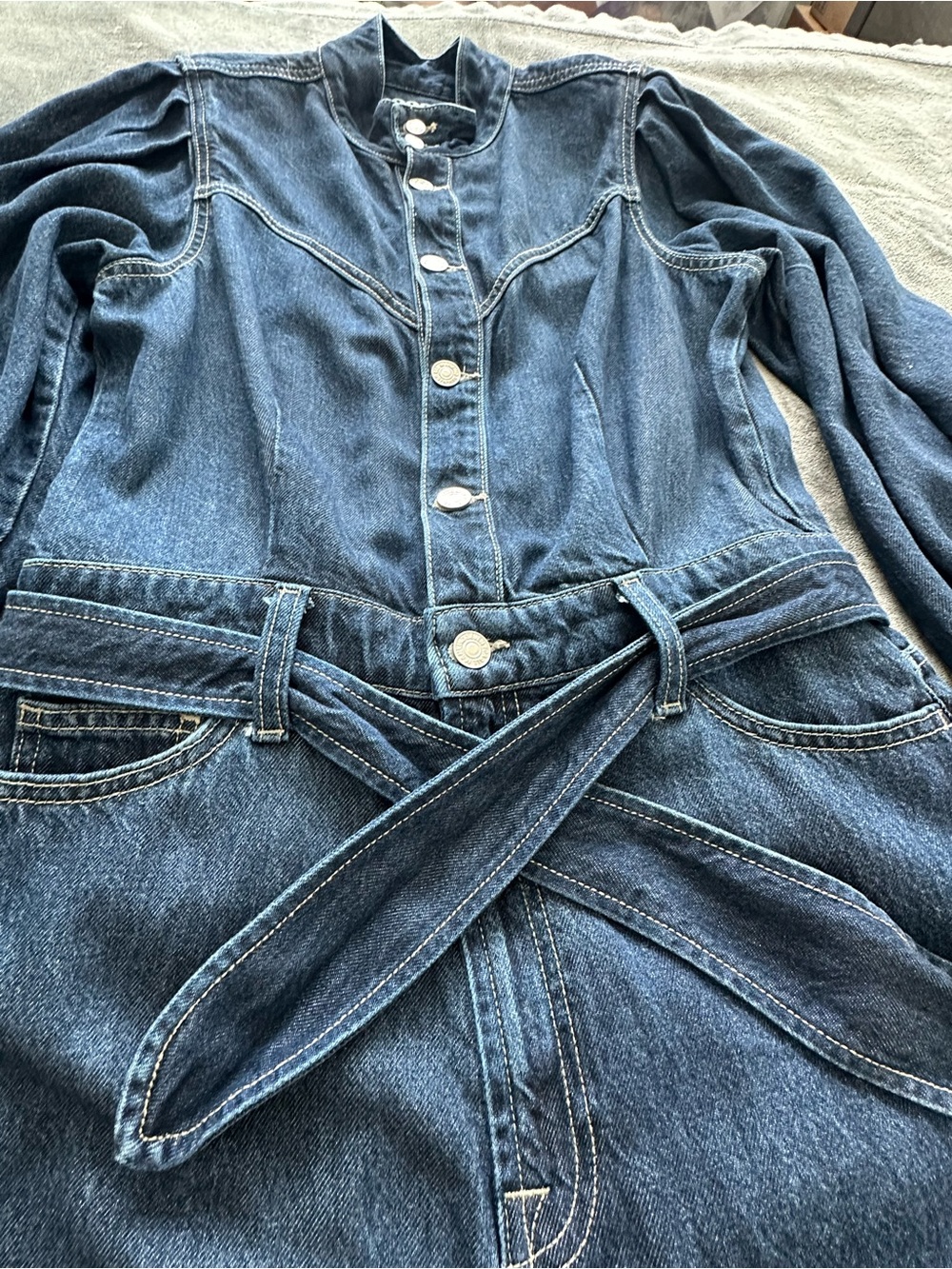 7 For All Mankind Women’s Denim Jumpsuit Large Dark Wash Wide Leg Belted - Picture 9 of 16